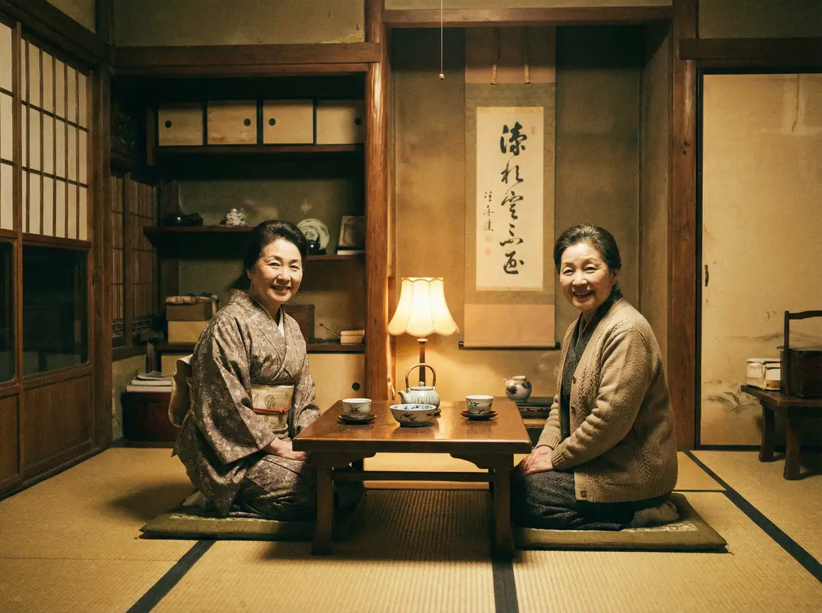 两位优雅的 环球体育 在日式茶室中品茶交谈